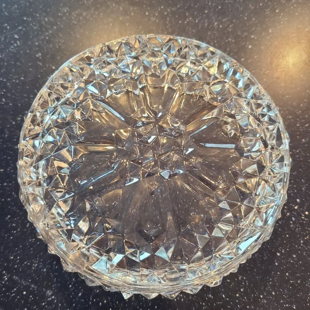 Diamond Cut Drum Shape Glass Crystal Round Open Trinket Candy Dish Vintage